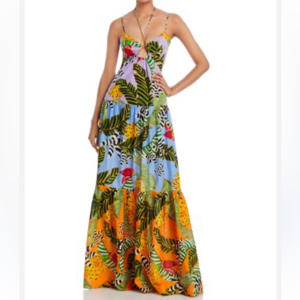 NWT🍃FARM RIO🍌Mixed Striped Bananas” Multicolor Leaf Print Maxi Dress. Size S